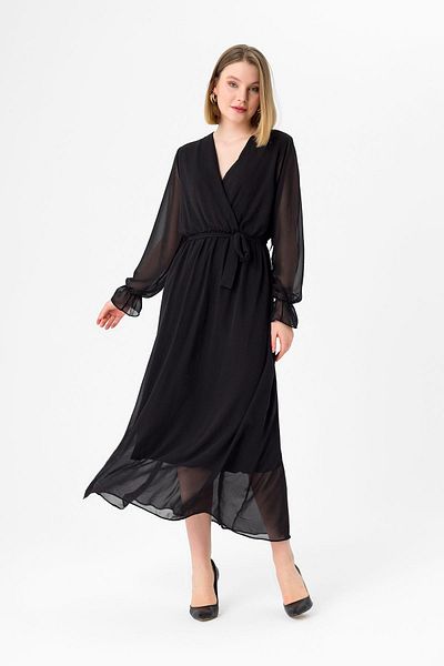 ŞİMAL Women's Double Breasted Collar Chiffon Long Dress 250258   -