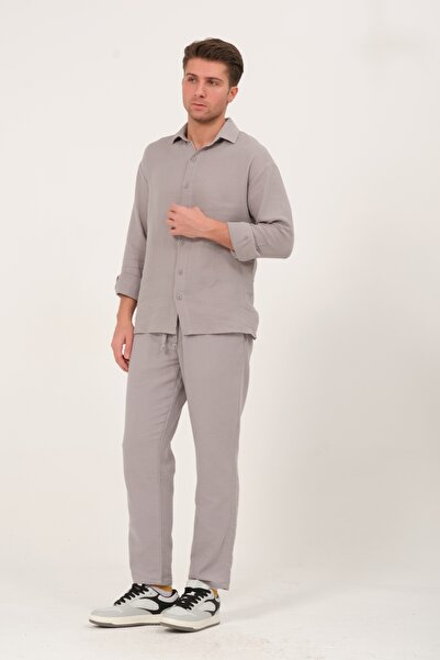 Domoda Gri %100 Pamuk Müslin Kumaş Rahat Kesim Beli Lastikli Ön Çift Cep Yazlık Erkek Pantolon @acerra