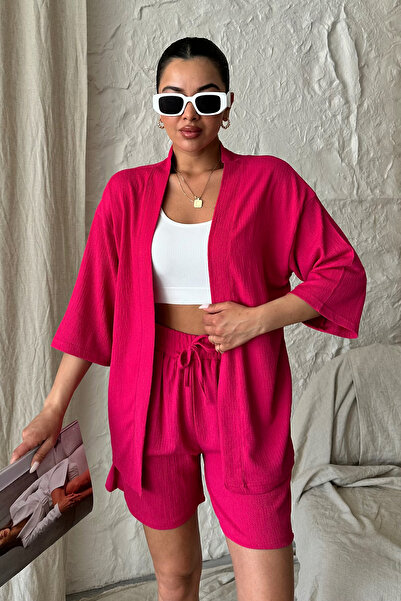 Trendseninle Women's Fuchsia Pink Kimono Shirt Shorts Bottom Top Set