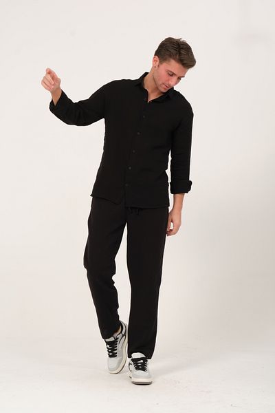 Domoda Black 100% Cotton Muslin Fabric Relaxed Cut Elastic Waist Front Double Pocket Summer Men's Trousers @Acerra