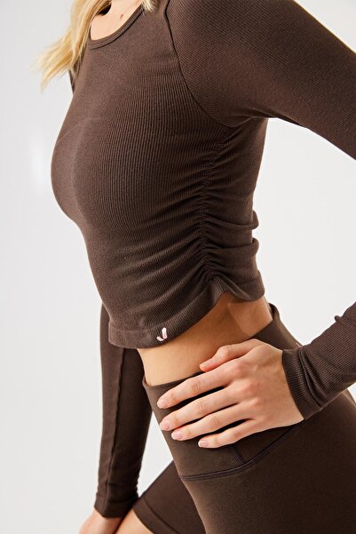 Jerf Aura Uzun Kol Büzgülü Tshirt Koyu Kahve