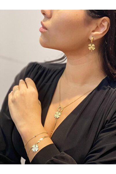 MAY AKSESUAR VE TAKI Yonca Kolye Küpe Bileklik Set 3lü Set 4 Yapraklı Yonca Set