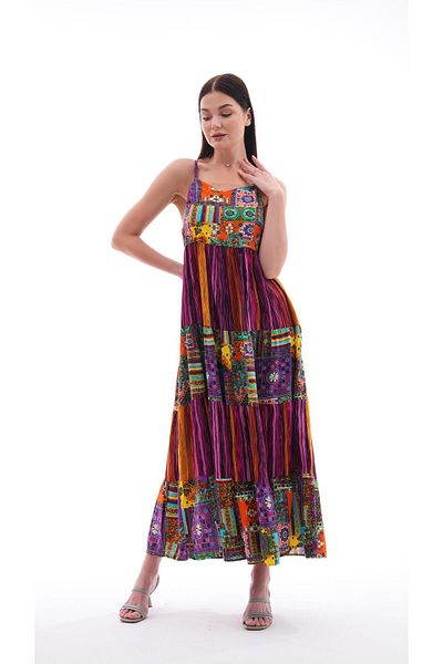 ŞİMAL Rochie lungă cu curea de frânghie cu modele etnice pentru femei 250215 -