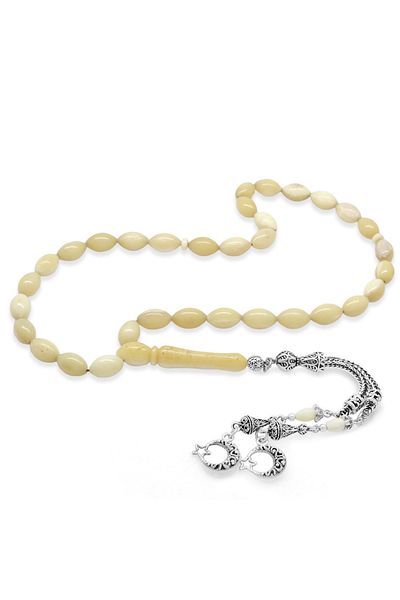 Tesbihane Tarnish-Free Metal Crescent and Star Tasseled Barley Cut Natural Color Camel Bone Rosary