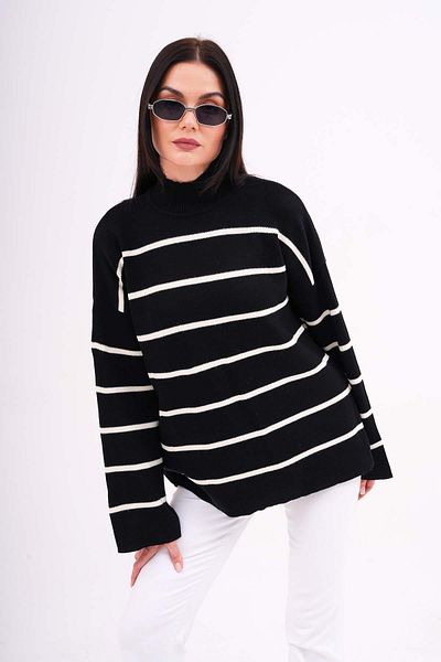 ŞİMAL Thin Striped Loose Knitwear Women's Sweater - Half Turtleneck 245154