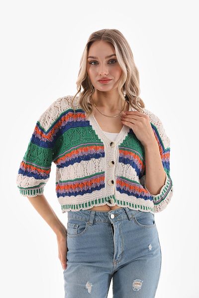 ŞİMAL Women's Colorful Stripe Patterned Buttoned Knitwear Knitted Cardigan 250374   -