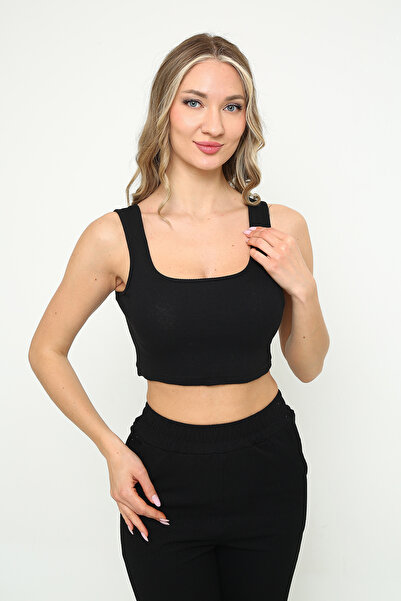 Mythologie Siyah Kadın Askılı Crop Örme Bluz - Kare Yaka