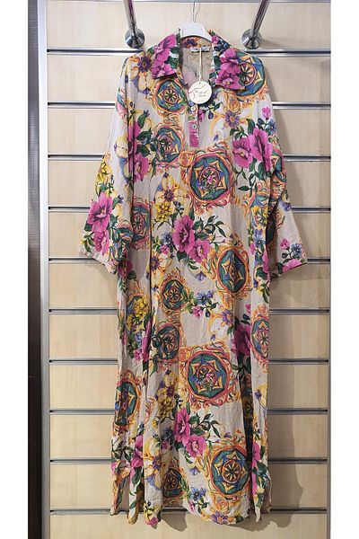Park Moda Μακρύ λινό φόρεμα Ethnic Floral μοτίβο