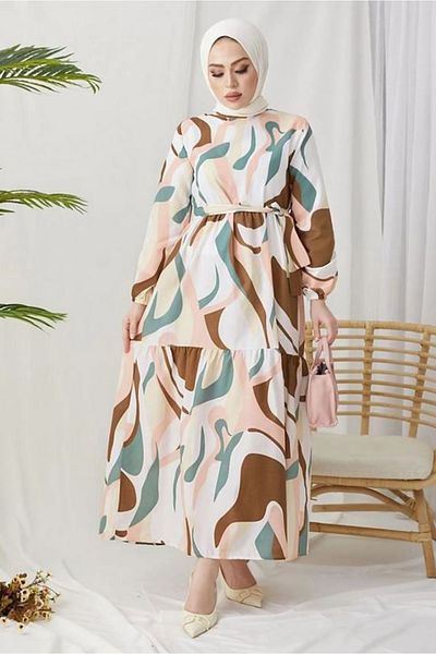 ModaAyşeli Patterned Belted Dress - Brown Ay131