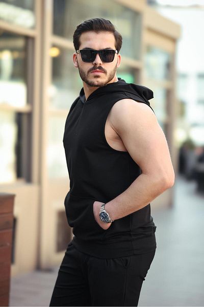 Miron Black Basic Hooded Athlete Tank Top Sleeveless T-Shirt - 2504