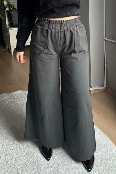 Qenz Wide Leg Trousers with Elastic Waist - Anthracite
