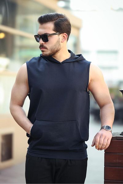 Miron Navy Blue Basic Hooded Athlete Tank Top Sleeveless T-Shirt - 2504