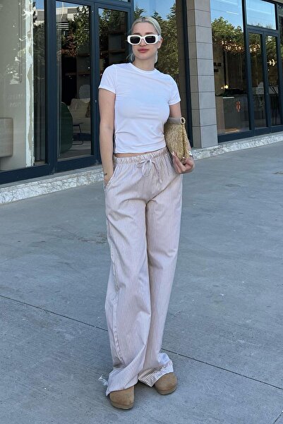 Madmext Bej Beli Ayarlanabilir Bol Paça Dökümlü Çizgili Pantolon MG2087