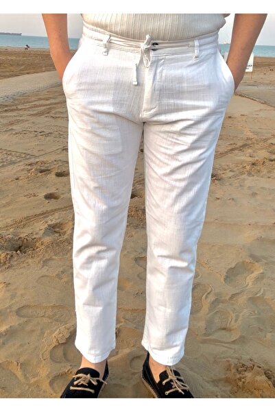 town walker Erkek Slim Fit Old Money %100 Pamuk Flamlı Keten Görünümlü Bel La...