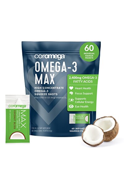 Coromega 2400mg Omega-3 Fish Oil + Vitamin D, Wild-Caught, No Fishy Taste, Brain & Heart (60 Servings)