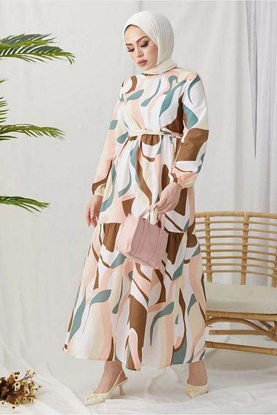 ModaAyşeli Patterned Belted Dress - Brown Ay131