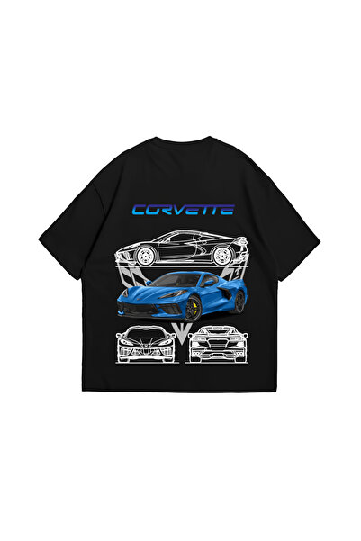 Aesthia Siyah Corvette Blue Ön / Arka Baskılı Oversize Tshirt -Mingalondon