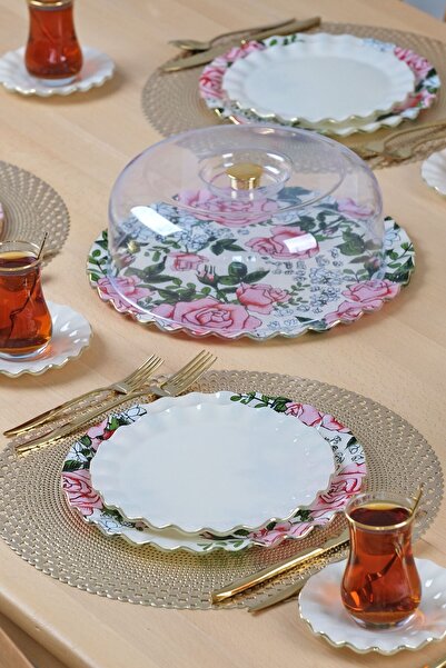 Glore Roseline Krem Altın Yaldızlı 6 Kişilik 28 Parça Pasta Çay Servis Takımı