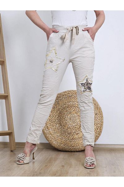 Felix Butik Feli̇x13330 Imported Stone Color Trousers with Elastic Waist Staple Foil Star Detail