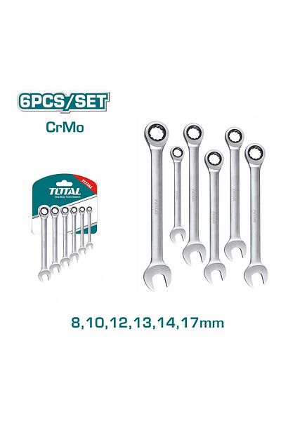 TOTAL Premium 6-Piece Ratchet Spanner Set – CrMo Steel, Sizes 8-17mm