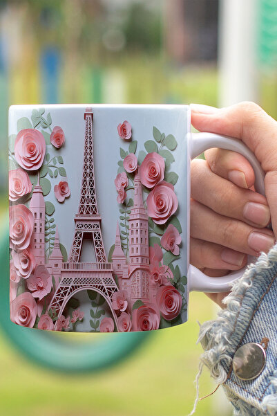 qoeuyl boutique Pembe Eyfel Kulesi 3D Tasarım Görünümlü Baskılı Kupa Bardak Mug