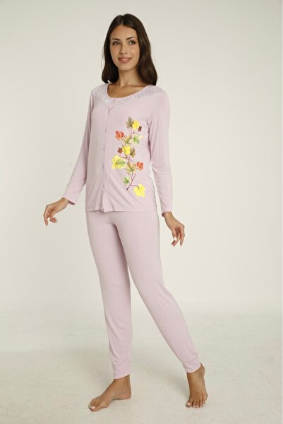 Miss Dünya Lissa Štampana ženska pidžama set sa dugmadima i čipke Detalj