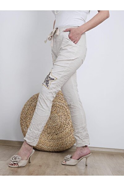 Felix Butik FELİX13330 Bel Lastikli Zımba Varak Yıldız Detaylı İthal Taş Rengi Pantolon
