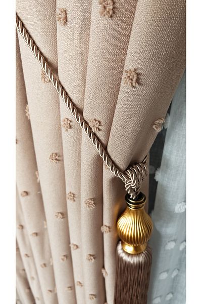 Yuka Λινάρι με υφή Pompom Cappuccino Πάνελ Φόντο Κουρτίνα Πολυτελής Βαριά Βαριά ΜΟΝΟ ΦΤΕΡΟ 1/3 Σφιχτά Πλισέ
