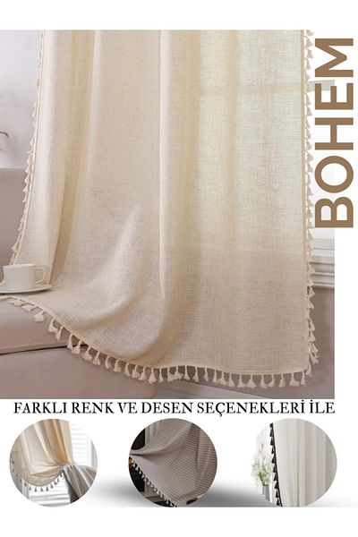 Perdeplus Cortina de fundal cu design cu ciucuri în stil boem