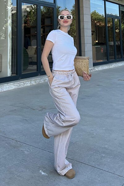 Madmext Bej Beli Ayarlanabilir Bol Paça Dökümlü Çizgili Pantolon MG2087