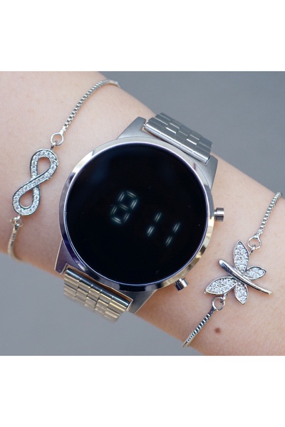 couseum Silver Metal Kordon Dijital Kadın Saat Kombini 9288
