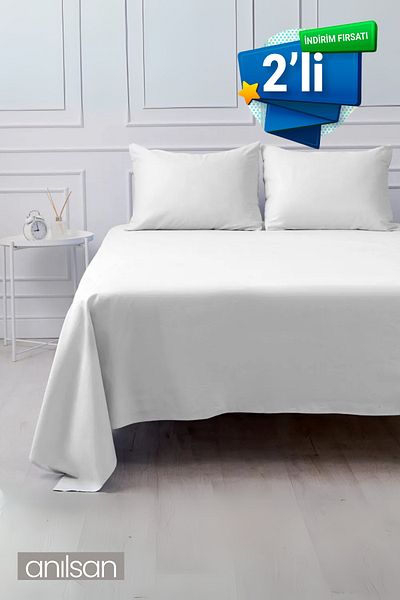 Anılsan 2 Pack Elasticless Plain White Bed Sheet 100% Cotton Double/Single 63Tel