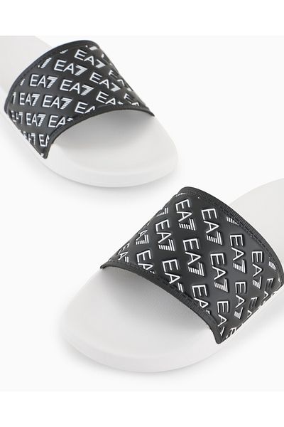 EA7 Unisex EA7 Άνετη επίπεδη σόλα λευκές παντόφλες με μοτίβο κειμένου 7X000109 AF15125-FC079
