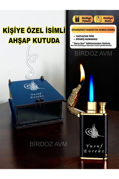birdoz avm Kişiye Özel İsimli TASARIM Hediyelik Ejder Başlıklı Çift Ateşli Çakmak & Özel Ahşap Kutu
