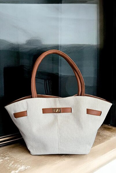 BAHELS Women's Canvas Tan Detailed Hand and Shoulder Bag with Magnet Closure and Lock Detail
