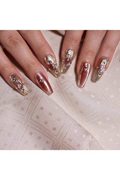 wow kutu S55 M Beden Altın Pembe Kedi Gözü Taşlı Protez Jel Takma Tırnak Ve A...