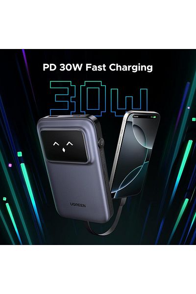 Ugreen Uno Power Bank with Built-in USB-C Cable, 10000mAh, PD 30W, 3-Way Output with
TFT Display