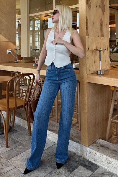Madmext Pantaloni de jeans de damă albastru cu talie înaltă Lycra Stone MG2271