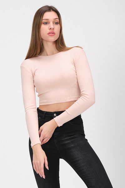 PUNKY CAT Women's Dusty Rose Long Sleeve Corded Blouse Crop Knitted T-Shirt