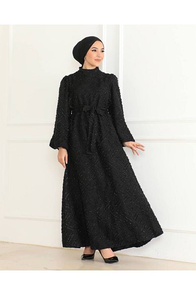 Ebrar Store Black Imran Embroidered and Silvery Belted Dress - Pa9564