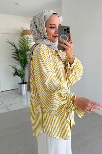 Ka Hijab Yellow Striped Shirt & Pantalon Double Set