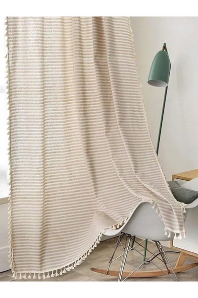 Perdeplus Linen Bohemian Style Tasseled Design Striped Background Curtain