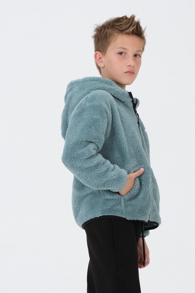 Black One Embroidery Detailed Plush Hooded Cargo Pocket Top