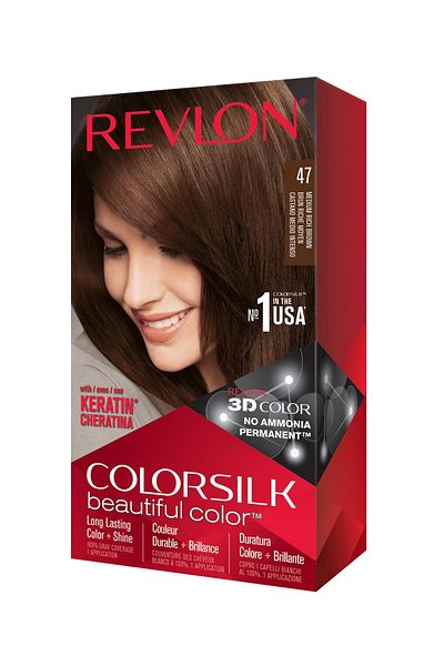 Revlon Permanent Hair Color, 100% Gray Coverage, Ammonia-Free, Keratin, 47 Medium Rich Brown