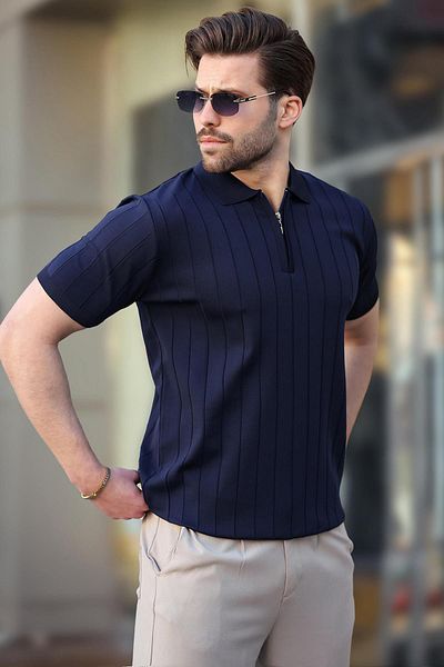 Madmext Ανδρικό μπλουζάκι με φερμουάρ Navy Blue Polo E7298