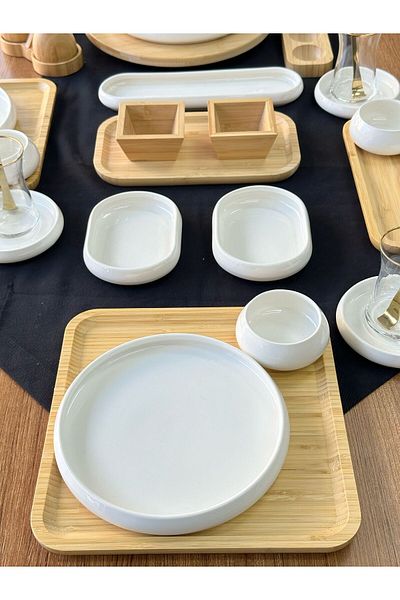 MD MİMOZA DEKOR Breakfast Set for 6 People 60 Pieces Bamboo and White
