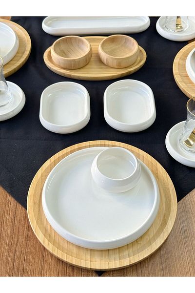 MD MİMOZA DEKOR Round Bamboo & White Hazelnut Set 60 Pieces for 6 People