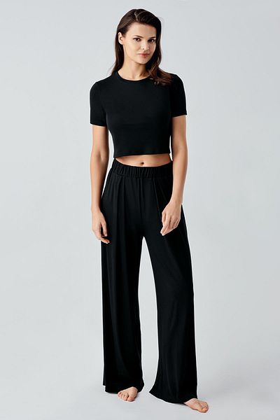Artış Short Sleeve Crop Wide Leg Stretchy Viscose Pajama Set