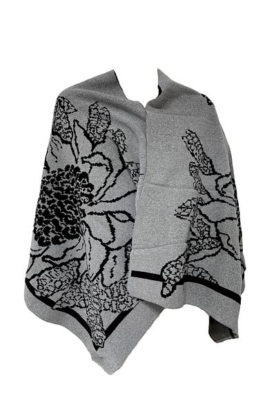 BRV Tekstil Floral Patterned Gray Black Winter and Seasonal Knitwear Shoulder Shawl Scarf