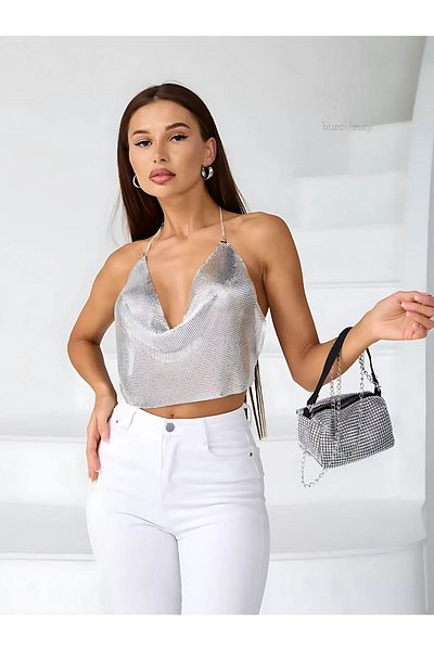Burcumay Gray Silver Shiny Stone Mini Crop Top Blouse Armor with Chain in the Crotch